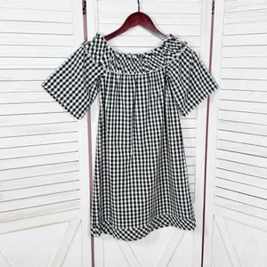 Vineyard Vines Gingham Check Off The Shoulder Shift‎ Mini Dress Black White XS thumbnail 8