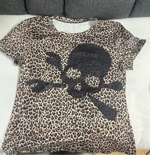 Leopard Print Short Sleeve Top with Skull Graphic - Beige/Black thumbnail 1