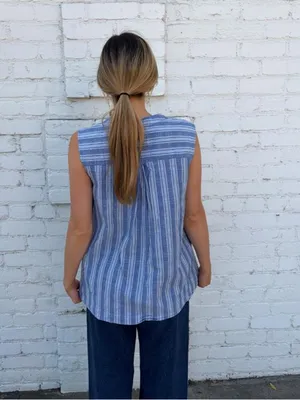 Sharagano blue striped sleeveless blouse sz 14 #western #boho #beach #mom thumbnail 5