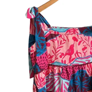 Umgee Womens Tropical Bird Print Tiered Mini Dress Pink Blue Tie Strap‎ Medium thumbnail 3