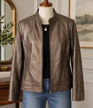 Terry Lewis Classic Luxuries Metallic Copper Gray Genuine Leather Jacket M thumbnail 1