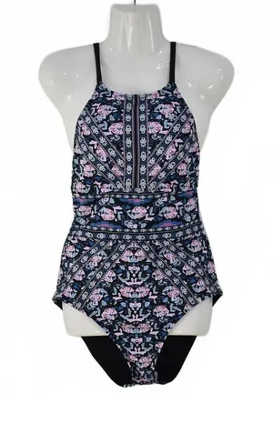 Mossimo Pink Blue Black Floral Criss Cross Back One Piece Swimsuit Size Medium thumbnail 1