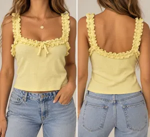 Maeve Anthropologie Size M Yellow Ruffle Ribbed Tank Top Coquette Y2K thumbnail 2