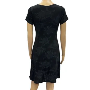 Vintage ESSE Floral Black and Gray Short Sleeve A Line Fit Flare Dress Size M thumbnail 2