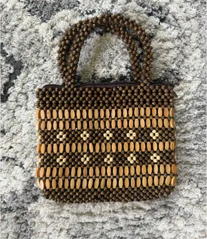 Vintage Wooden Beaded Handbag Boho Y2K Mini Purse Brown Tan thumbnail 3