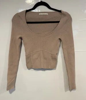 Abercrombie & Fitch Ribbed Scoop Neck‎ Corset Lines Cropped Sweater - Taupe thumbnail 1