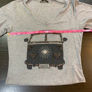 Baru Gray Beaded Graphic Tee M Brazil Van Fashion V-Neck Stretch Shirt READ‎ thumbnail 6
