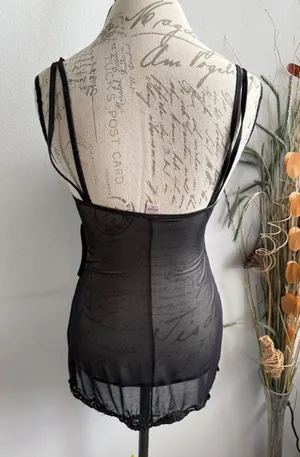 Victorias Secret Black‎ Sheer Mesh Script Print Chemise Side Cut Out Lace Trim S thumbnail 1