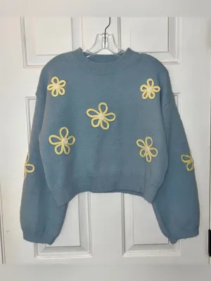 Listicle Pale Blue & Yellow Crewneck Crop Boxy Raised Floral Sweater thumbnail 2