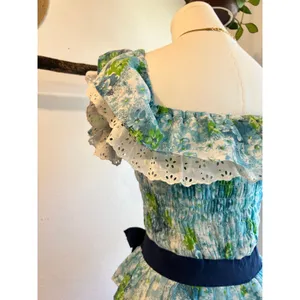 Vintage Handmade Blue Green Floral Print Lace Trim Bow Peplum Top Size Small thumbnail 4