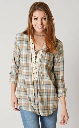 Gimmicks by BKE Neutral Color Plaid Lace Up Front Shirt Oversized Small thumbnail 1