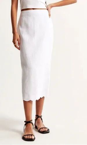 Abercrombie & Fitch Premium Linen Scallop-Hem Midi Skirt size XL white thumbnail 1