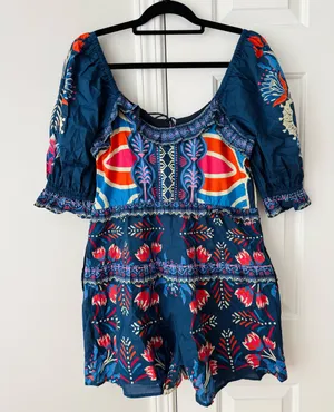 Farm Rio Puff-Sleeve Ruffled Floral Cotton Romper, Size S/M thumbnail 11