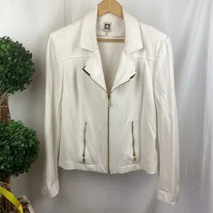 Anne Klein White Long Sleeve Gold Trim Zip Up Ponte Knit Jacket L thumbnail 2