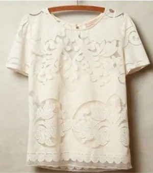 Anthropologie champagne & strawberry lace opacity tee top off white L bust36in thumbnail 1