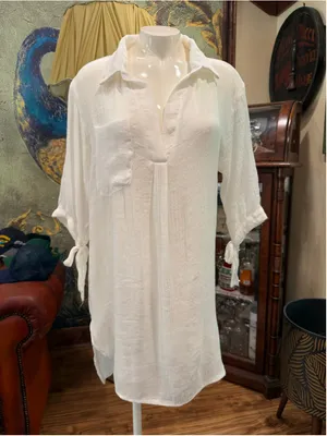 Womens White Gauze Linen Blend Tunic Dress Shirt V-Neck Tie Sleeve Beach Coverup thumbnail 3