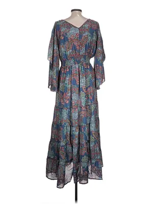 L Boemo Women’s Blue Paisley Animal Tiered Bohemian Maxi Dress Smocked Waist thumbnail 5