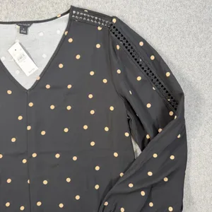Ann Taylor Women's Medium Black Beige Polka Dot V-Neck Blouse Top Lace Trim New thumbnail 2