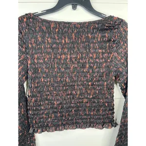 Open Edit Black Brown Ruche Smocked Long Sleeve Scoop Neck Crop Top Sz S thumbnail 6