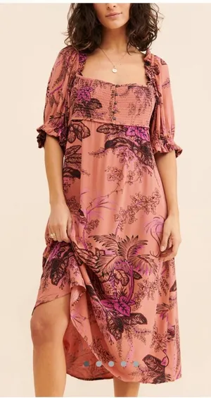 Anthropologie Smocked Puff Sleeve Midi Dress Tropical‎ Print thumbnail 1