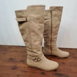 JustFab‎ Womens Boots 7 Brown Suede Knee High Zip Up Flat Pull-On Almond Toe thumbnail 7