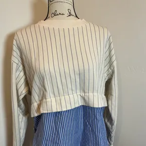 Anthropologie Mixed Media Pinstripe Tie Back Sweatshirt Top Blue Cream Medium M thumbnail 2