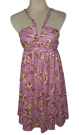 Zara‎ Pleated Mini Dress Womens M Pink Abstract Floral Double Strap NWOT thumbnail 1