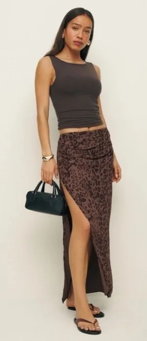 Reformation Leopard Evalin‎ Low Waist Midi Skirt Side Slit Rushed Size 8 thumbnail 1