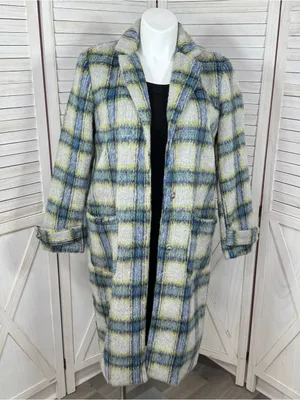 Cyrus Plaid Wool Blend Long Midi Overcoat Coat Grey Green Blue Large Winter thumbnail 1