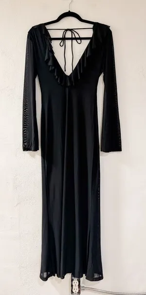 Hello Molly Date at Nine Mesh Ruffle Long Sleeve Maxi Dress in Black Size 4 thumbnail 1