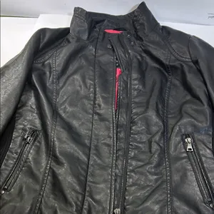 Black Faux Leather Jacket with Pink Lining Size L thumbnail 1