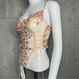 Women’s sheer panel floral embroidered appliqué pink lingerie sleepwear large thumbnail 7