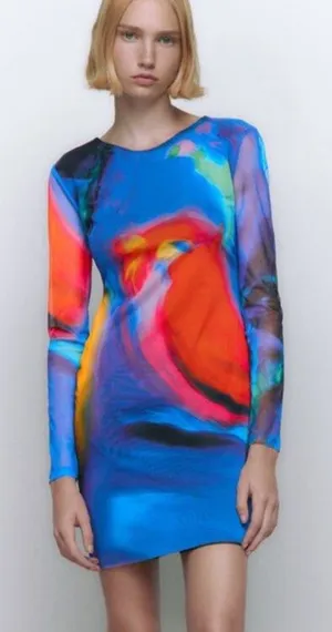 Zara multicolored tulle mesh long sleeve mini dress criss cross back size medium thumbnail 1