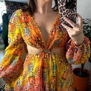 Plunge V-Neck Long Sleeve Cut Out Mini Dress Yellow Orange thumbnail 3