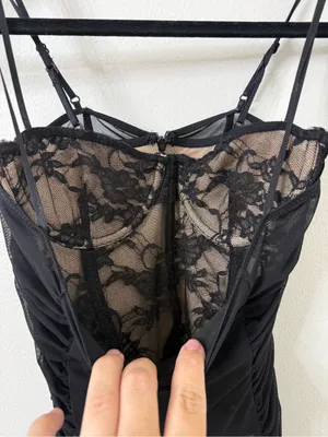 {XS} White Fox Black Ruched Slip Dress with Spaghetti Straps and Body Suit thumbnail 6