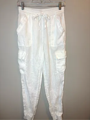 Magaschoni White 100% Linen Cargo Jogger Pants Size S Drawstring thumbnail 2
