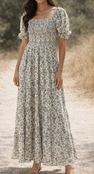Max Studio Floral Print Puff Sleeve Smocked Tiered Maxi Sundress Green Large thumbnail 1