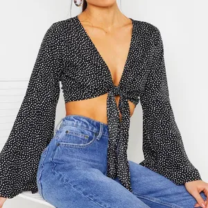 Polka Dot Self Tie Wrap Bell Wide Sleeve Crop Top thumbnail 2