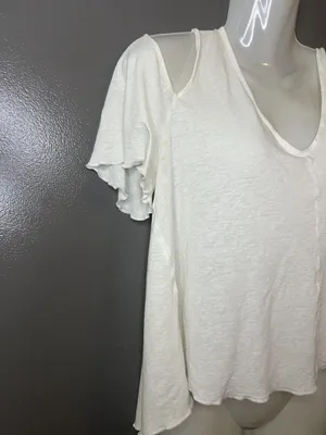 Free People Shirt Womens Small White V Neck Cold Shoulder Ruffle Sleeve Boho thumbnail 2