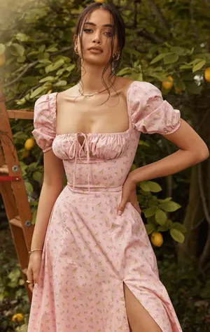 House of CB Pink Floral Puff Sleeve Midi Dress Front Slit Cottagecore Medium thumbnail 1