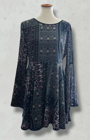 Loveriche Navy Boho Patchwork Bell Sleeve Mini Dress L thumbnail 1