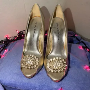 Michaels Metallic Gold Jeweled Peep-Toe Heels thumbnail 3