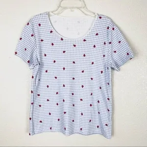 Vintage Blue & White Gingham Ladybug Picnic Pattern Scoop Neck Tshirt Size S thumbnail 1