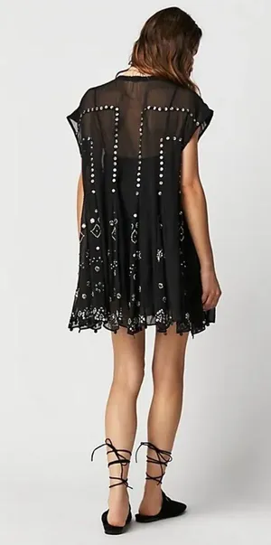 Free People Aston Black Studded Button-Front Sheer Tunic Dress Size Medium. A1 thumbnail 3