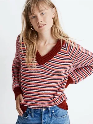 Madewell Arden V-Neck Pullover Sweater Mahogany Stripe Medium thumbnail 1