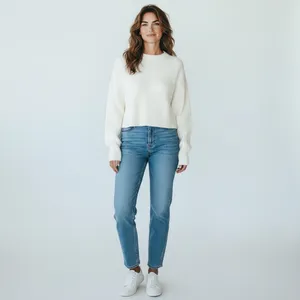 Lulus Womens Ribbed Cropped Knit Sweater Cream White Long Sleeve‎ Size L thumbnail 2