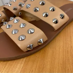 Nine West Brynli3 Studded Dual Strap Slide Sandals‎ Tan Silver 7 thumbnail 6
