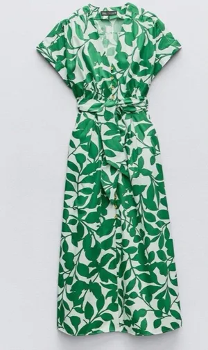 Coastal White Green Botanical Cotton Maxi Shirt Dress Belted Pockets Zara M thumbnail 1