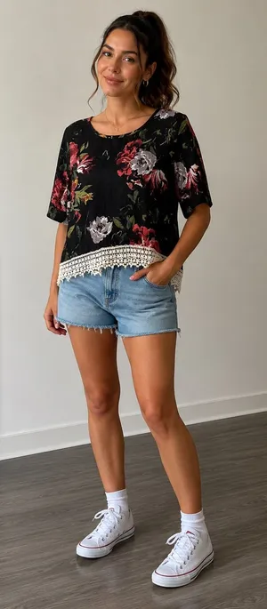 Abercrombie & Fitch Black Floral Crochet-Hem Short Sleeve Top thumbnail 1