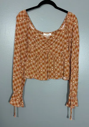 Rewind Brown Boho Hippie Cottage Smocked Top - Women's Size XL - Sweetheart Neck thumbnail 1